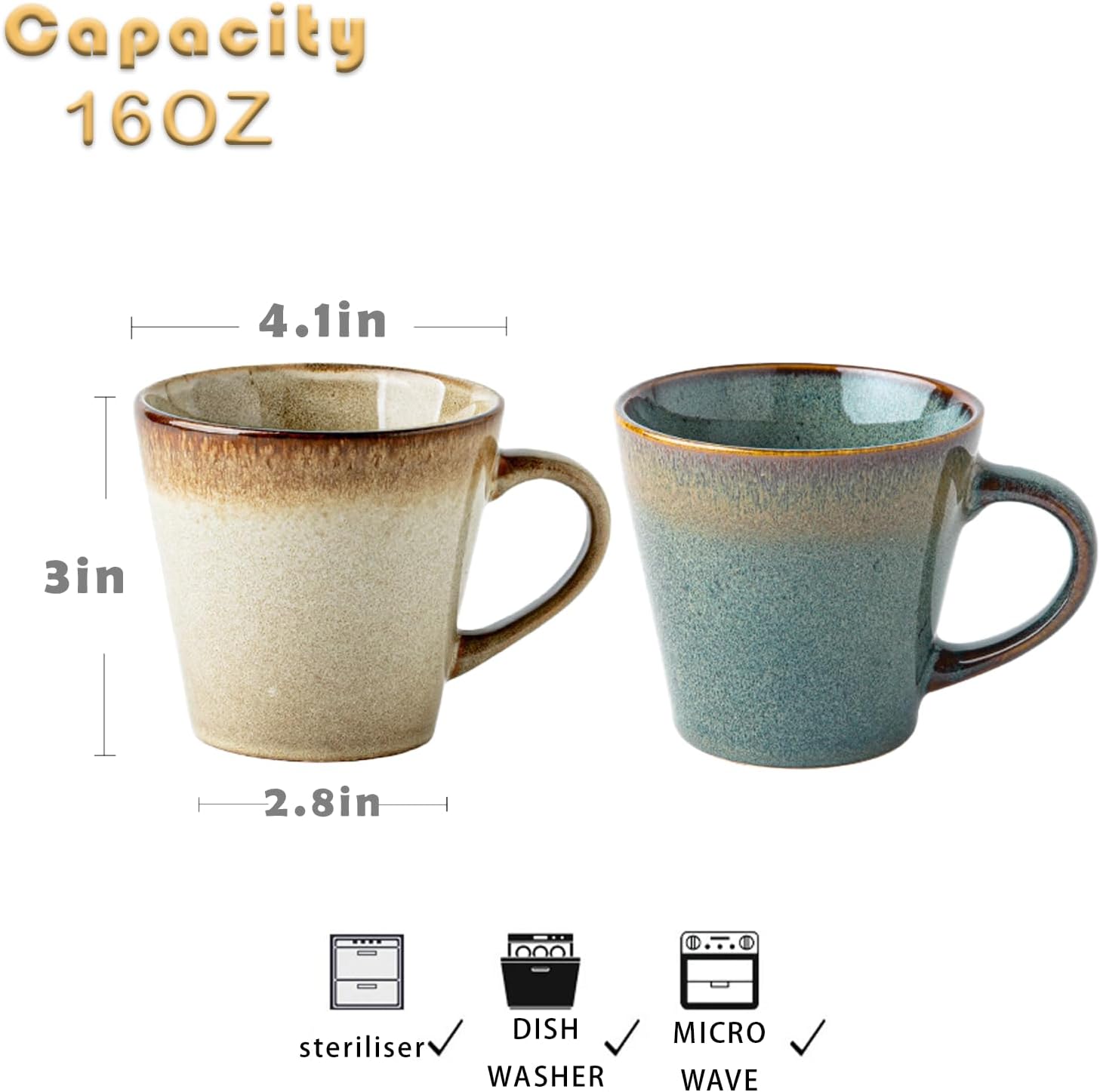 Vintage Glazed Ceramic Coffee Mug 16oz — Large Capacity Cup for Coffee, Tea, Milk, Microwave & Dishwasher Safe