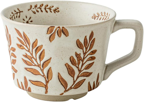 Handmade Ceramic Coffee Mug with Vintage Botanical Leaf Pattern – 11oz Large Capacity, Microwave & Dishwasher Safe