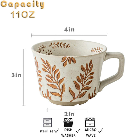 Handmade Ceramic Coffee Mug with Vintage Botanical Leaf Pattern – 11oz Large Capacity, Microwave & Dishwasher Safe
