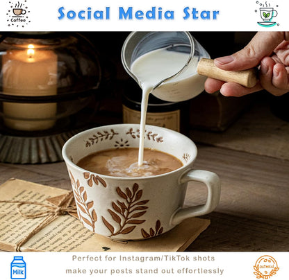 Handmade Ceramic Coffee Mug with Vintage Botanical Leaf Pattern – 11oz Large Capacity, Microwave & Dishwasher Safe