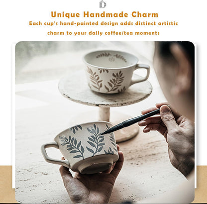 Handmade Ceramic Coffee Mug with Vintage Botanical Leaf Pattern – 11oz Large Capacity, Microwave & Dishwasher Safe