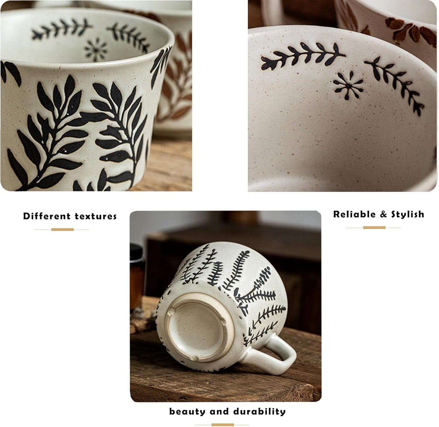 Handmade Ceramic Coffee Mug with Vintage Botanical Leaf Pattern – 11oz Large Capacity, Microwave & Dishwasher Safe